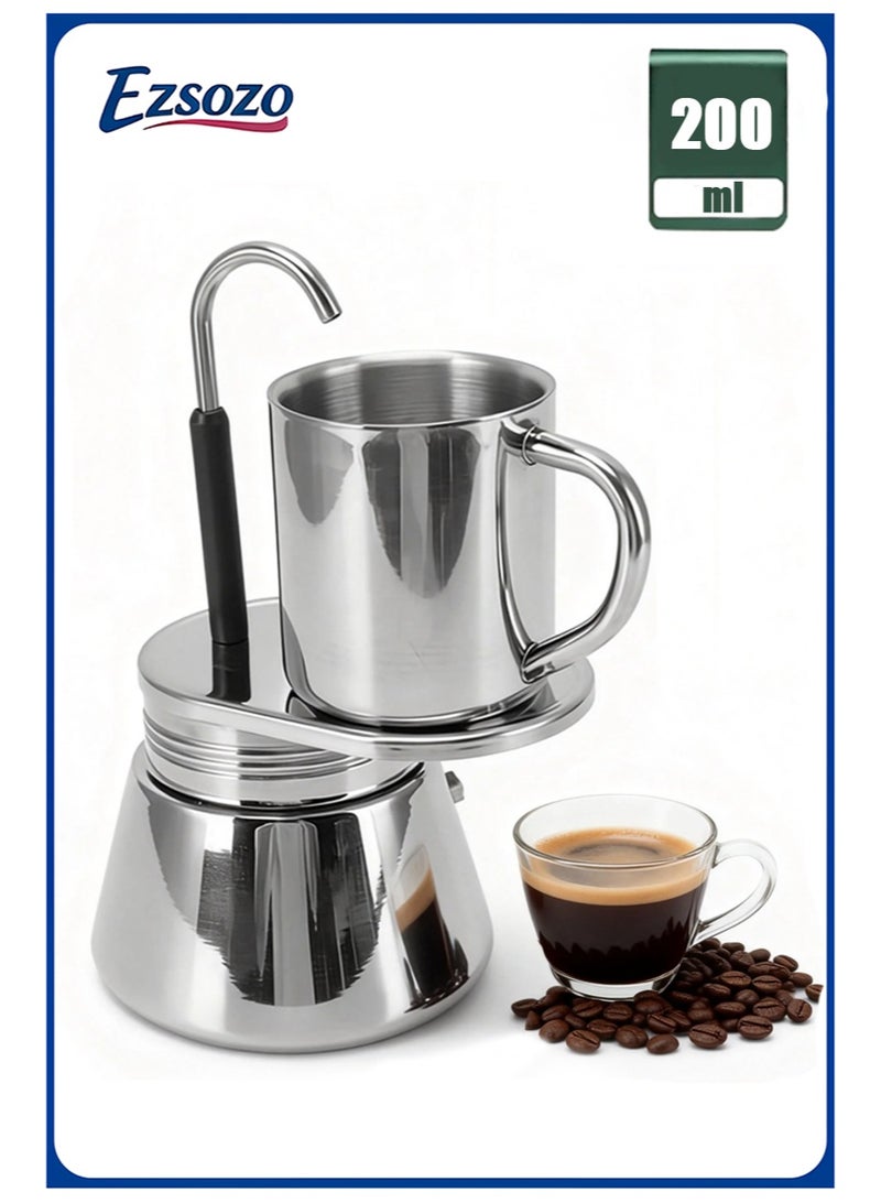 EZSOZO 1 Cup Single Tube Moka Pot， Stainless Steel Espresso Maker with 200ml stainless steel coffee cup  Espresso Makers Capable Greca （200ml） - Image 1